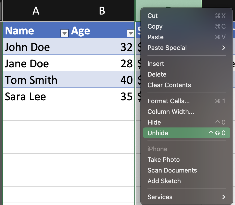 Unhide rows and columns in Excel